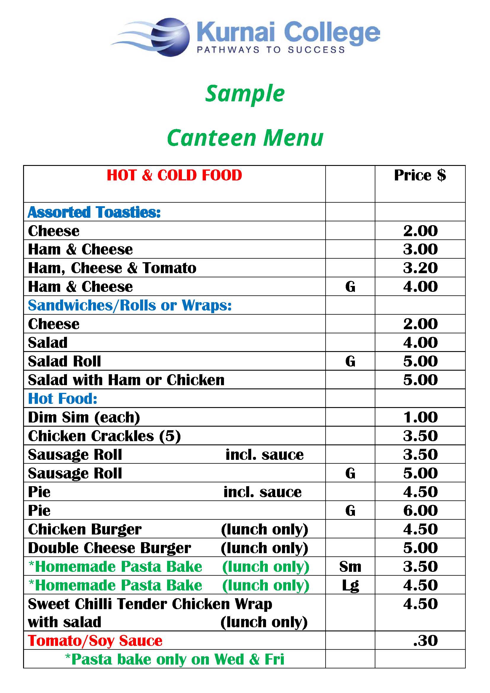 Canteen Menu Kurnai College